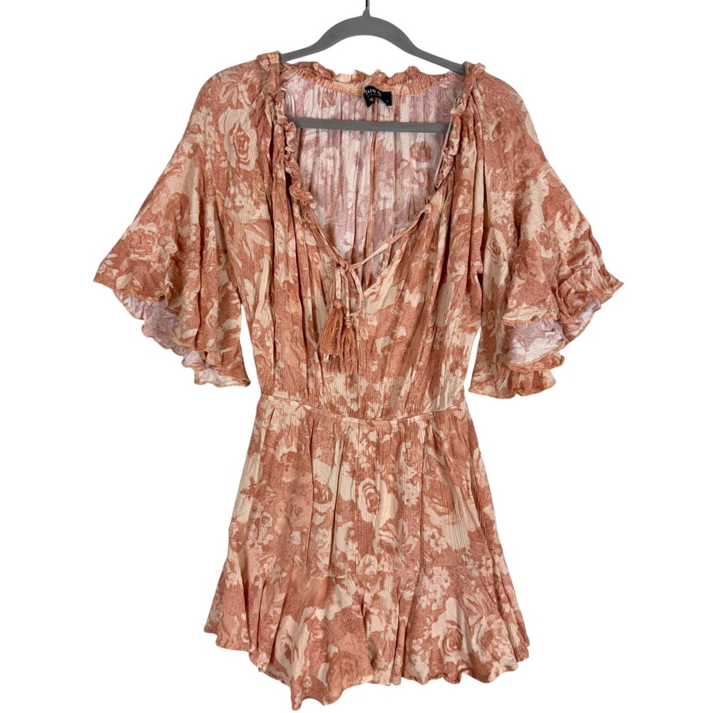 Blue B Collection Romper Womens Small Pink Floral V Neck Tassel Boho Flutter